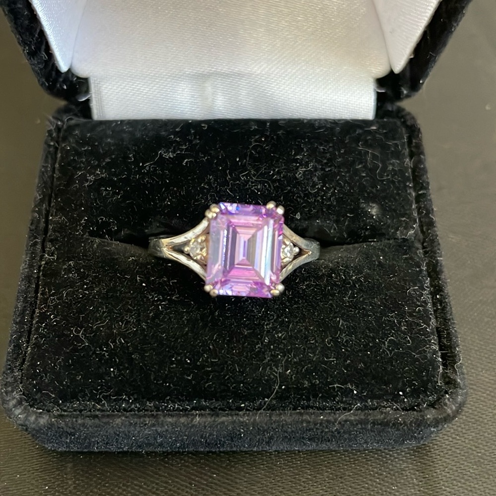 Sterling Silver Ring with Purple Emerald Cut Stone - Size 9